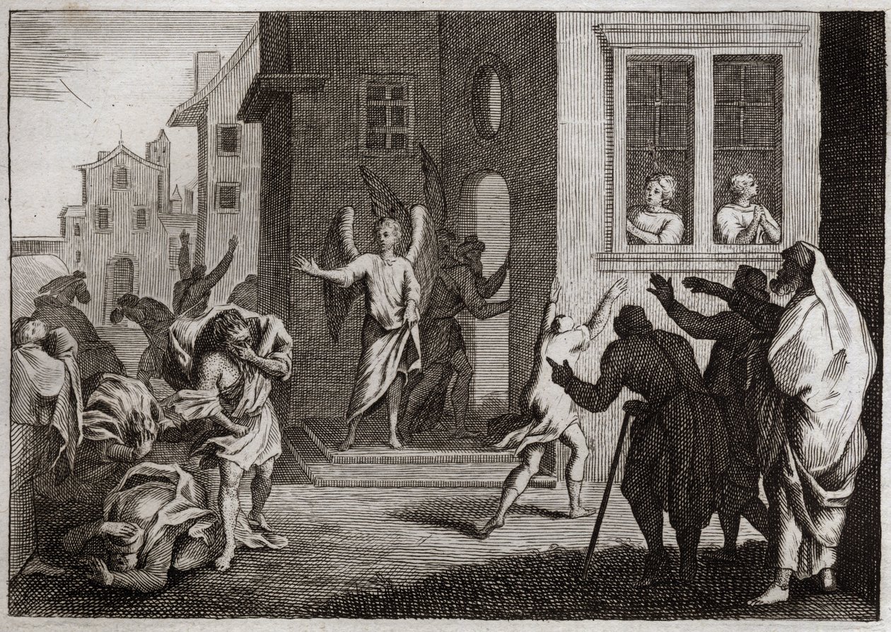 Bibbia di Royaumont, Antico Testamento: Crimini dei Sodomiti. Lot riceve gli angeli nella sua casa. I Sodomiti (Sodoma) vogliono violentarli. Gli angeli li colpiscono accecandoli. Illustrazione del 1811. da Unknown artist