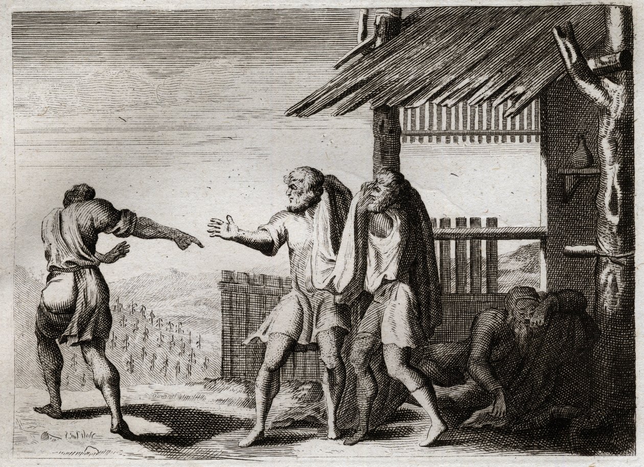 Bibbia di Royaumont, Antico Testamento: Cham maledetto da suo padre (ubriachezza di Noè). Cham, il secondo dei figli di Noè, vede suo padre in una postura indecente, non se ne cura, e viene maledetto. Illustrazione del 1811 da Unknown artist