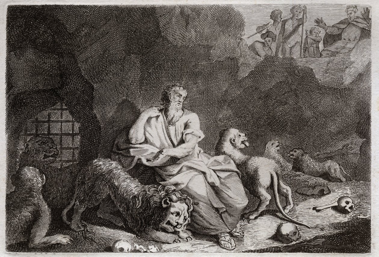 Bibbia di Royaumont, Antico Testamento: Daniele nella fossa dei leoni. Daniele viene messo nella fossa dei leoni e miracolosamente si ubriaca. Illustrazione del 1811. da Unknown artist