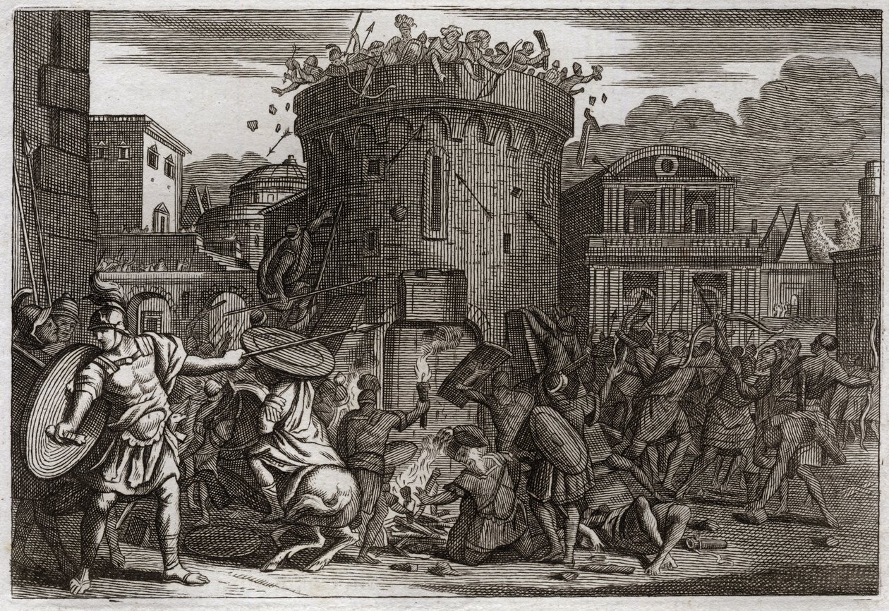 Bibbia di Royaumont, Antico Testamento: Morte di Abimelech. Abimelech viene ucciso da una donna che lo colpisce con una pietra durante l