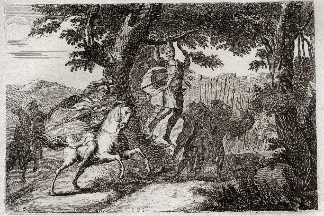 Bibbia di Royaumont, Antico Testamento: Morte di Assalonne. Assalonne fuggendo dalla battaglia è catturato per i capelli da una quercia, o Joab gli trafigge il cuore con tre dardi. Illustrazione del 1811. da Unknown artist
