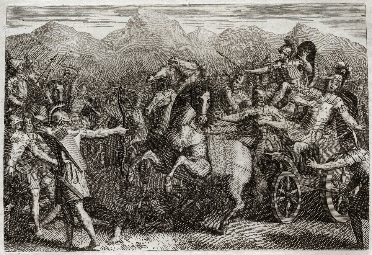 Bibbia di Royaumont, Antico Testamento: Morte di Acab. Acab fa guerra contro la Siria e viene ucciso da una freccia casuale. Illustrazione del 1811. da Unknown artist
