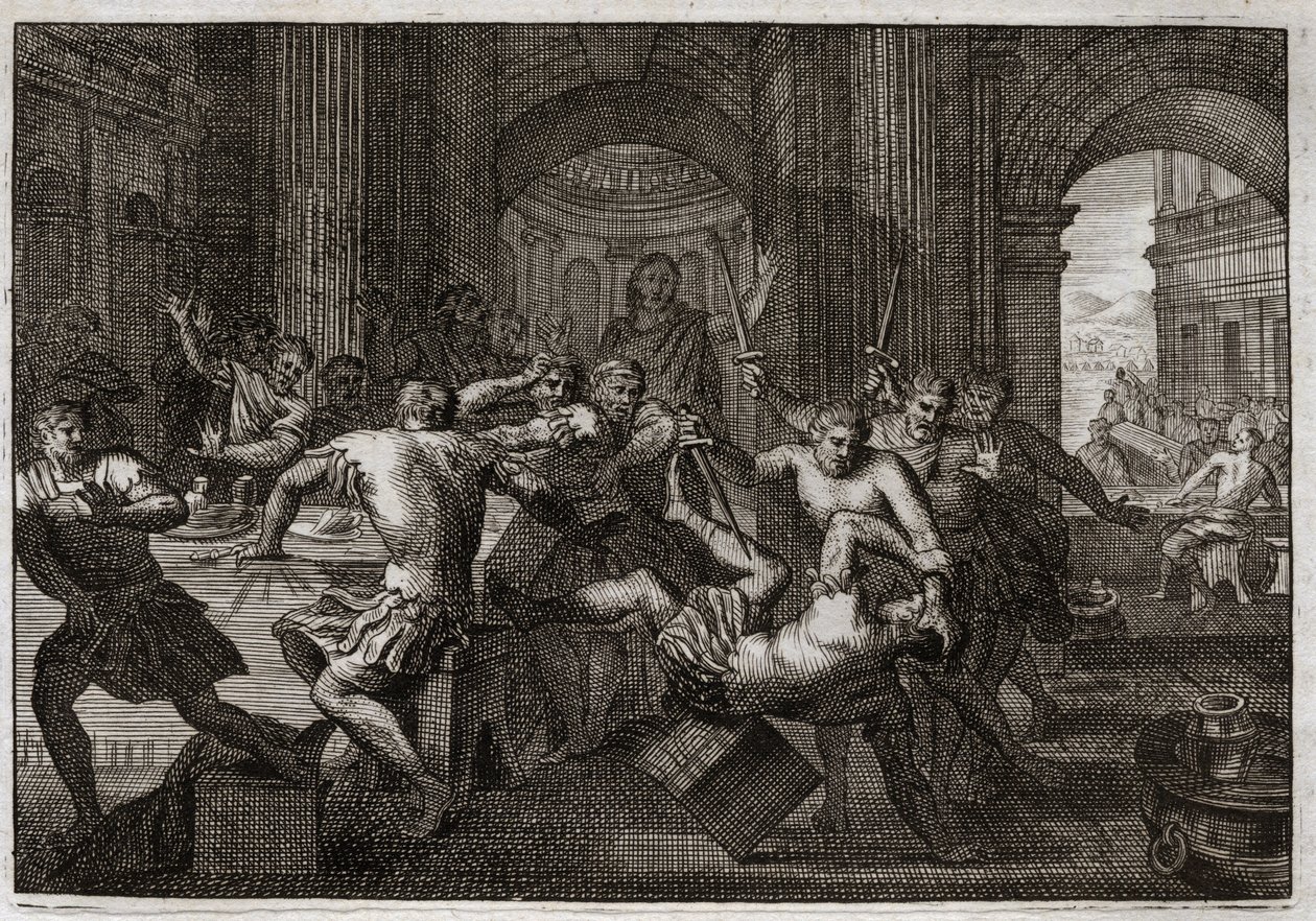 Bibbia di Royaumont, Antico Testamento: Morte di Amnon. Assalonne, riconciliato con Davide, fa fuggire suo fratello Amnon a una festa. Davide è costretto a fuggire da Gerusalemme e subisce questa persecuzione con meravigliosa pazienza. Illustrazione. da Unknown artist