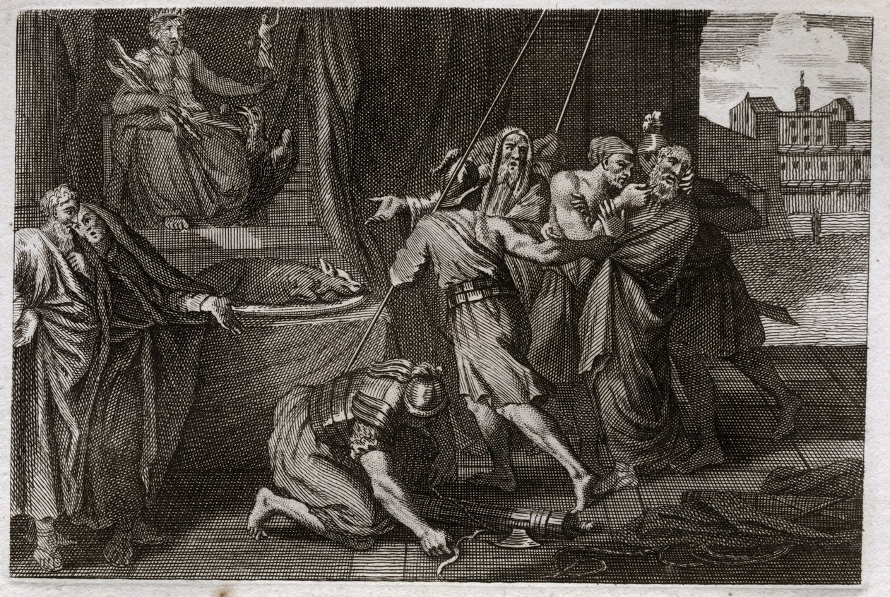 Bibbia di Royaumont, Antico Testamento: Morte di Eleazaro. Il vecchio santo Eleazaro viene ucciso per ordine di Antioco IV Epifane (175-164 a.C.), perché non voleva fingere di mangiare carni proibite. Illustrazione del 1811. da Unknown artist