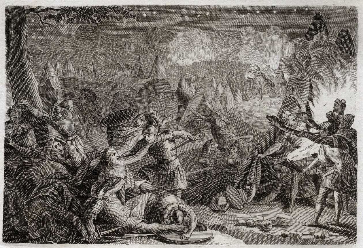Bibbia di Royaumont, Antico Testamento: Sconfitta dei Madianiti al suono delle trombe e alla luce delle lampade. Illustrazione del 1811. da Unknown artist