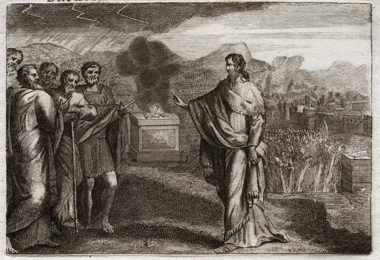 Bibbia di Royaumont, Antico Testamento: Sconfitta dei Filistei. Samuele offre un olocausto a Dio. Poi gli ebrei sconfiggono i Filistei. Illustrazione del 1811. da Unknown artist