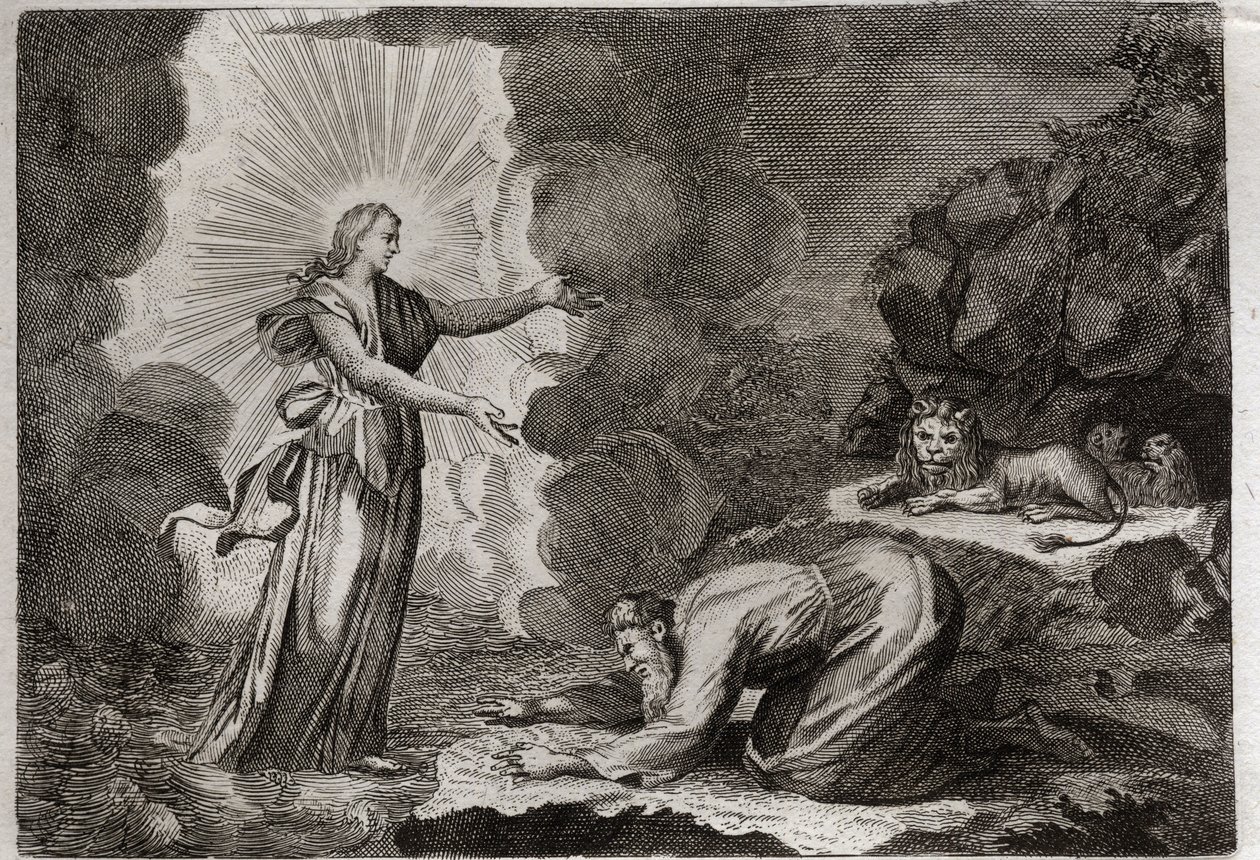 Bibbia di Royaumont, Antico Testamento: Liberazione di Daniele. Daniele, nella fossa dei leoni, è miracolosamente dissetato. Illustrazione del 1811 da Unknown artist