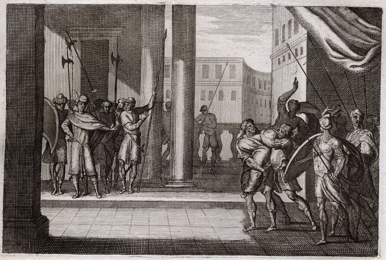 Bibbia di Royaumont, Antico Testamento: Dina uscì per curiosità a vedere le donne di Sichem, e il re di quella città le fece violenza, i suoi fratelli si vendicarono e uccisero tutti gli abitanti di Sichem con il re. Illustrazione del 1811. da Unknown artist