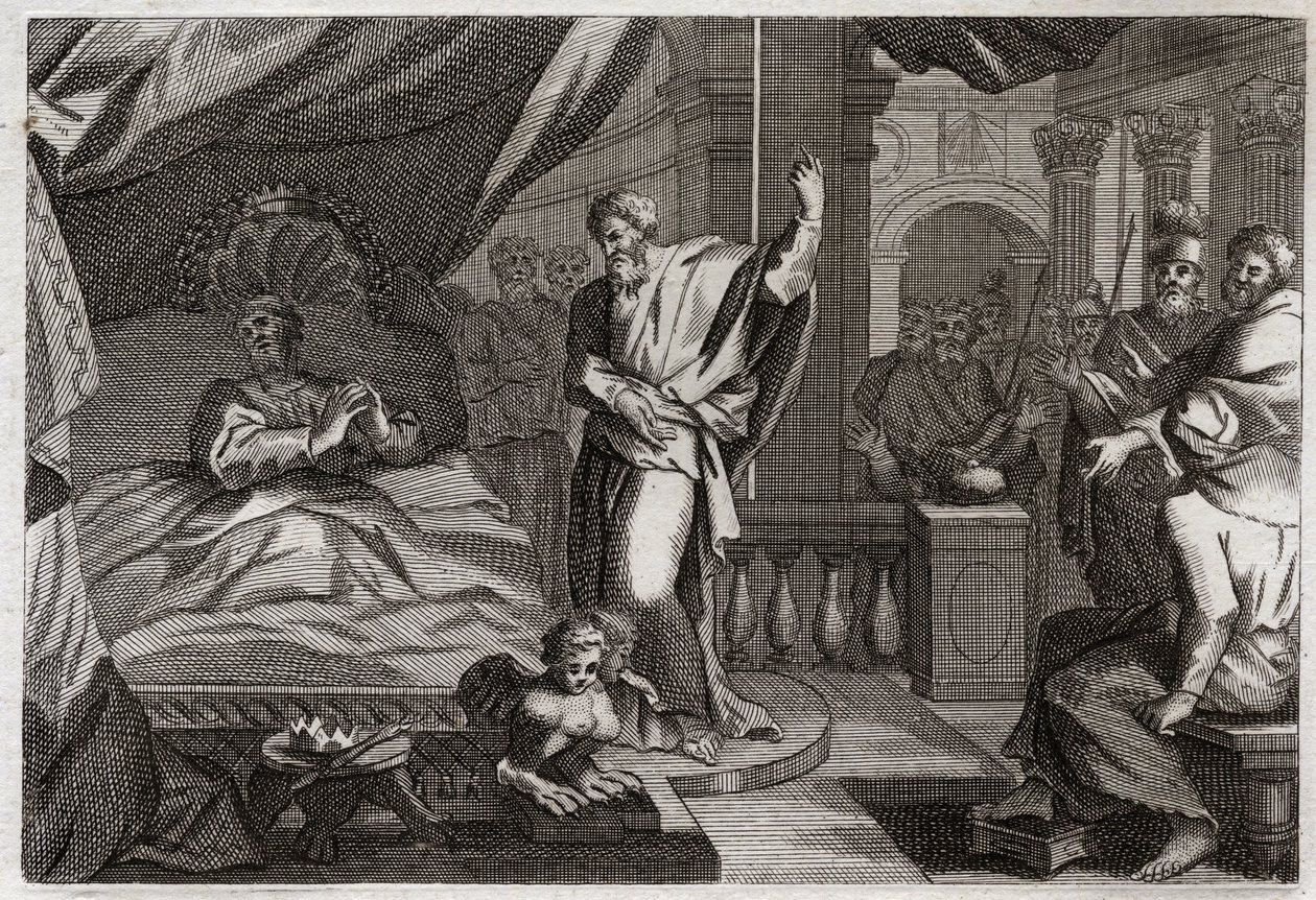 Bibbia di Royaumont, Antico Testamento: Ezechia riceve la salute. Il re Ezechia, malato a morte, riceve la salute e altri quindici anni di vita. Il profeta Isaia annuncia la sua guarigione. Illustrazione del 1811. da Unknown artist