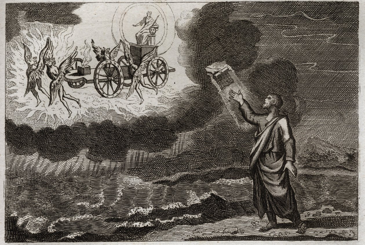 Bibbia di Royaumont, Antico Testamento: Ezechiele profeta. Il santo profeta ebbe una visione in cui il Signore gli apparve su un carro, portato da quattro cherubini. Illustrazione del 1811. da Unknown artist