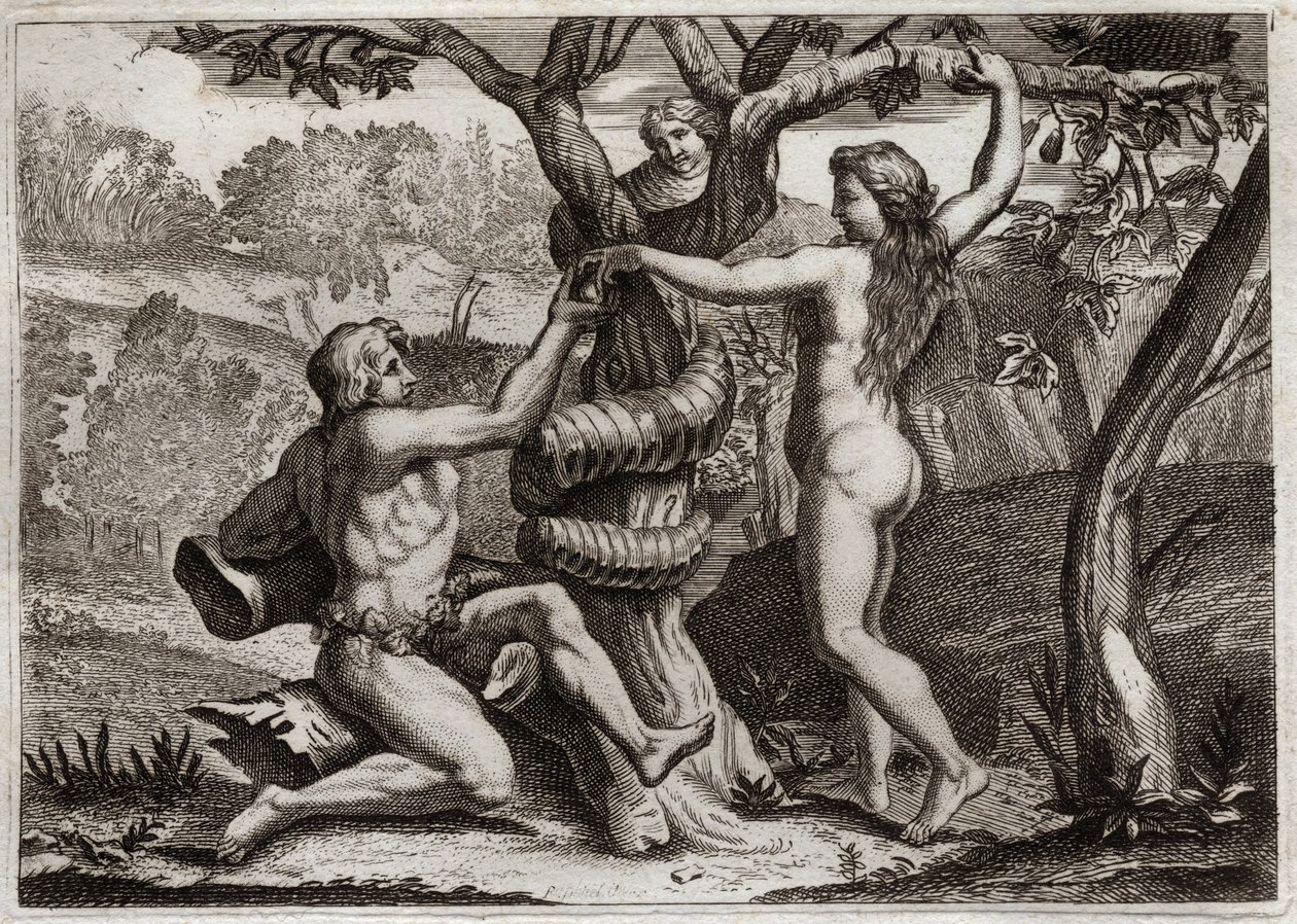 Bibbia di Royaumont, Antico Testamento: La Caduta di Adamo. Il Demonio sotto forma di serpente parla a Eva e la tenta a mangiare il frutto proibito: Eva cade e fa cadere anche Adamo. Illustrazione del 1811 da Unknown artist