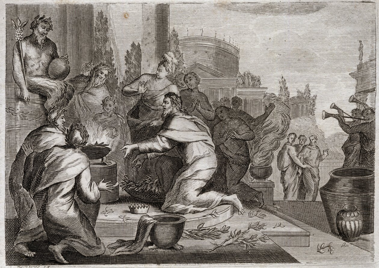 Bibbia di Royaumont, Antico Testamento: Caduta di Salomone. Salomone è corrotto dalle donne e offre incenso agli idoli dei falsi dèi. La sua morte. Illustrazione del 1811. da Unknown artist