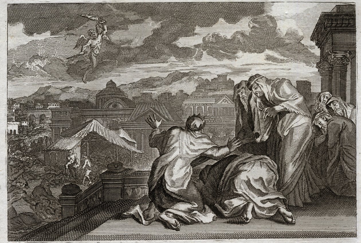 Bibbia di Royaumont, Antico Testamento: Flagello della Peste. E Davide, avendo fatto il censimento di tutto il suo popolo per vanità, Dio affligge il suo regno con una pestilenza che uccide settantamila uomini in tre giorni. Illustrazione del 1811. da Unknown artist