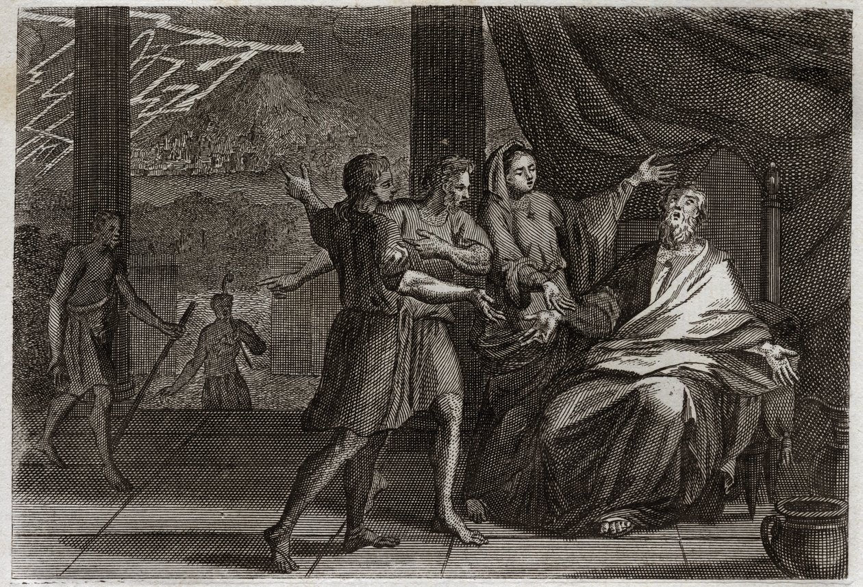 Bibbia di Royaumont, Antico Testamento: Amici di Giobbe. Giobbe invece di essere consolato da tre Principi, suoi amici, che vengono a trovarlo, riceve solo dolore perché volevano farlo sembrare colpevole. Illustrazione del 1811. da Unknown artist