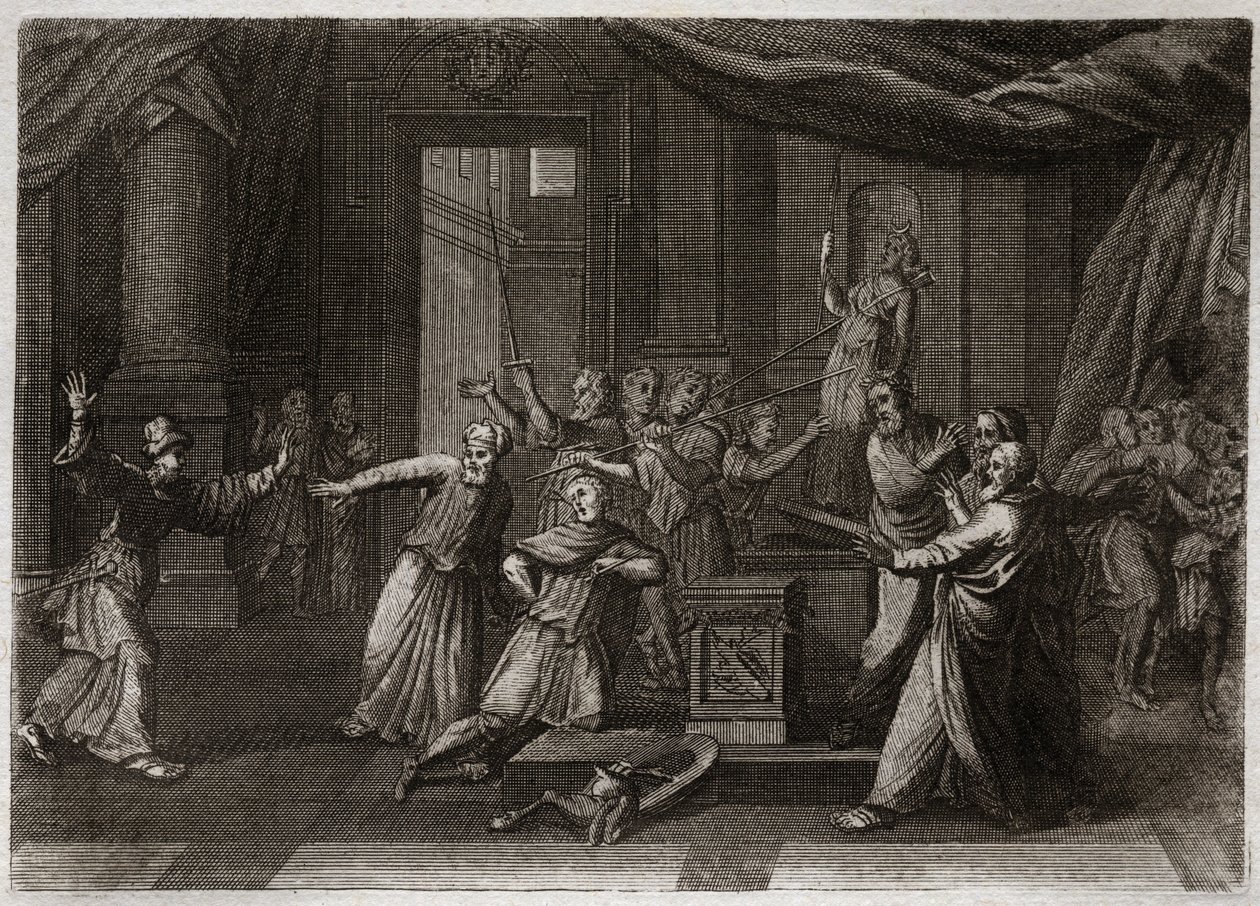 Bibbia di Royaumont, Antico Testamento: Generosità di Matatia. Matatia, padre dei Maccabei, uccide un ebreo che sacrificava agli idoli per un santo zelo della legge di Dio. Illustrazione del 1811 da Unknown artist