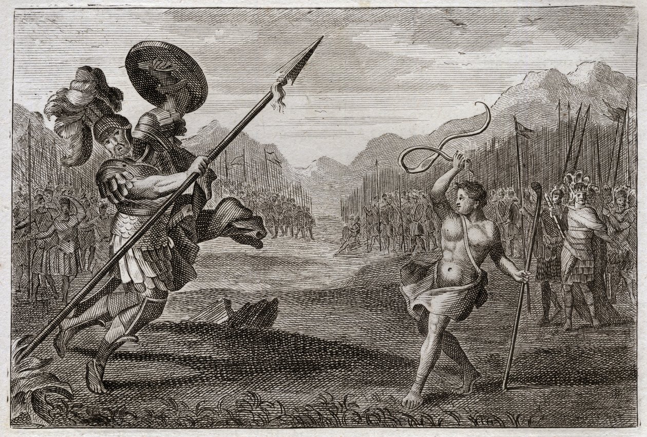 Bibbia di Royaumont, Antico Testamento: Gigante Golia. Golia, filisteo di grandezza prodigiosa, viene sconfitto da Davide, armato solo di una fionda e di un bastone. Illustrazione del 1811. da Unknown artist