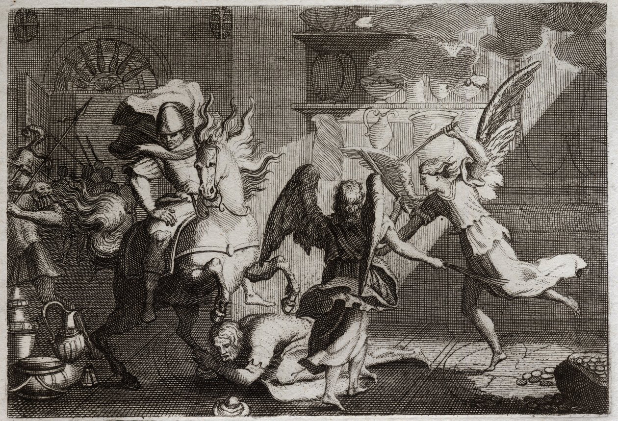 Bibbia di Royaumont, Antico Testamento: Eliodoro cacciato dal tempio. Eliodoro, inviato dal suo sovrano a saccheggiare il Tempio di Gerusalemme, fu battuto con verghe dagli angeli. Illustrazione del 1811. da Unknown artist