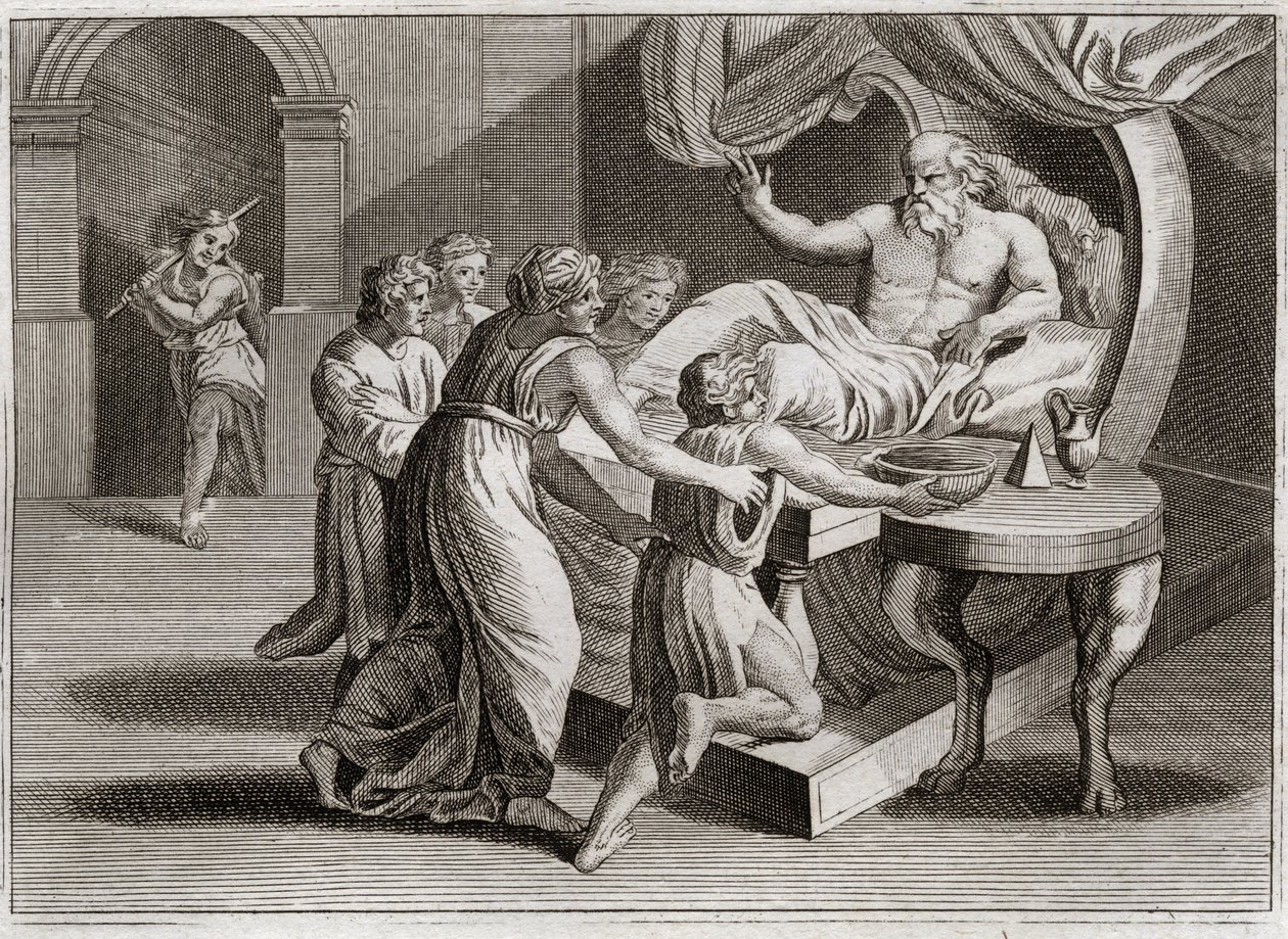 Bibbia di Royaumont, Antico Testamento: Isacco benedice Giacobbe. Isacco, desiderando benedire Esaù, dà la sua benedizione a Giacobbe per la saggezza di Rebecca, secondo il piano di Dio. Illustrazione del 1811. da Unknown artist