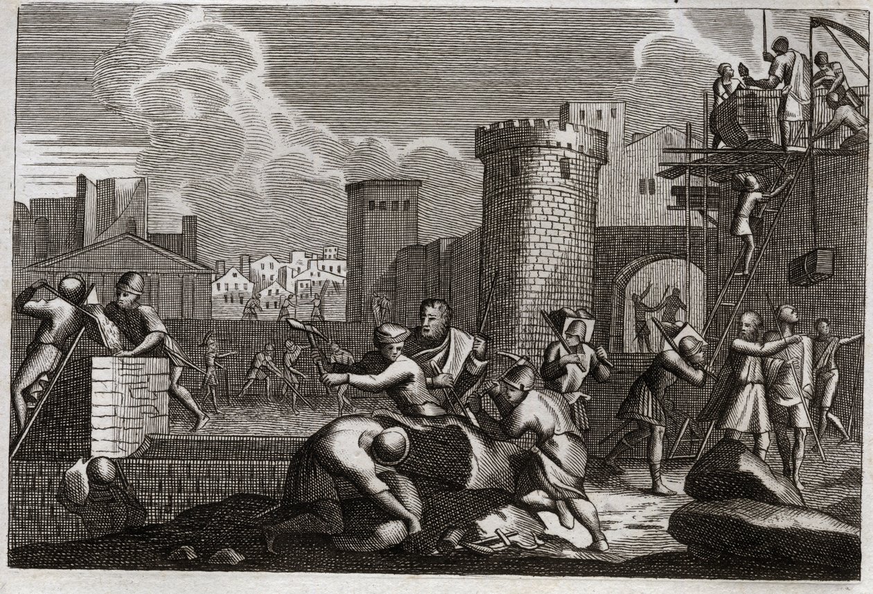 Bibbia di Royaumont, Antico Testamento: Gerusalemme ricostruita. Re Artaserse I manda Neemia a Gerusalemme con il permesso di ricostruire tutte le sue mura. Illustrazione del 1811 da Unknown artist