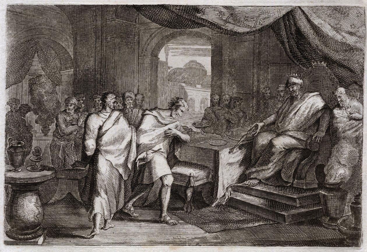 Bibbia di Royaumont, Antico Testamento: Gioachino liberato dalle catene. Evilmerodach, re di Babilonia, dopo la morte di Nabucodonosor II, libera Gioachino, ex re di Giuda, dalle catene e lo fa sedere sul trono. Illustrazione del 1811. da Unknown artist
