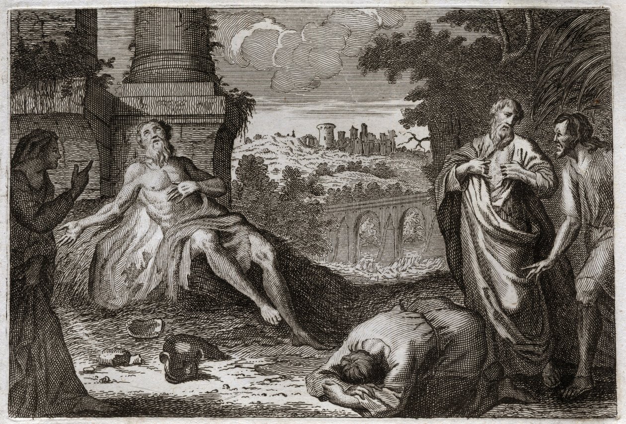 Bibbia di Royaumont, Antico Testamento: Giobbe sul letame. Il santo uomo Giobbe è tentato dal demonio che gli porta via tutti i suoi beni e tutti i suoi figli, e lo colpisce con una terribile piaga, lasciandogli solo la moglie che lo porta con impazienza.  da Unknown artist
