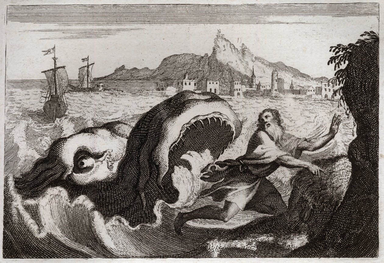 Bibbia di Royaumont, Antico Testamento: Giona nella balena. Il profeta Giona vive in una balena e ne esce vivo. Illustrazione del 1811 da Unknown artist