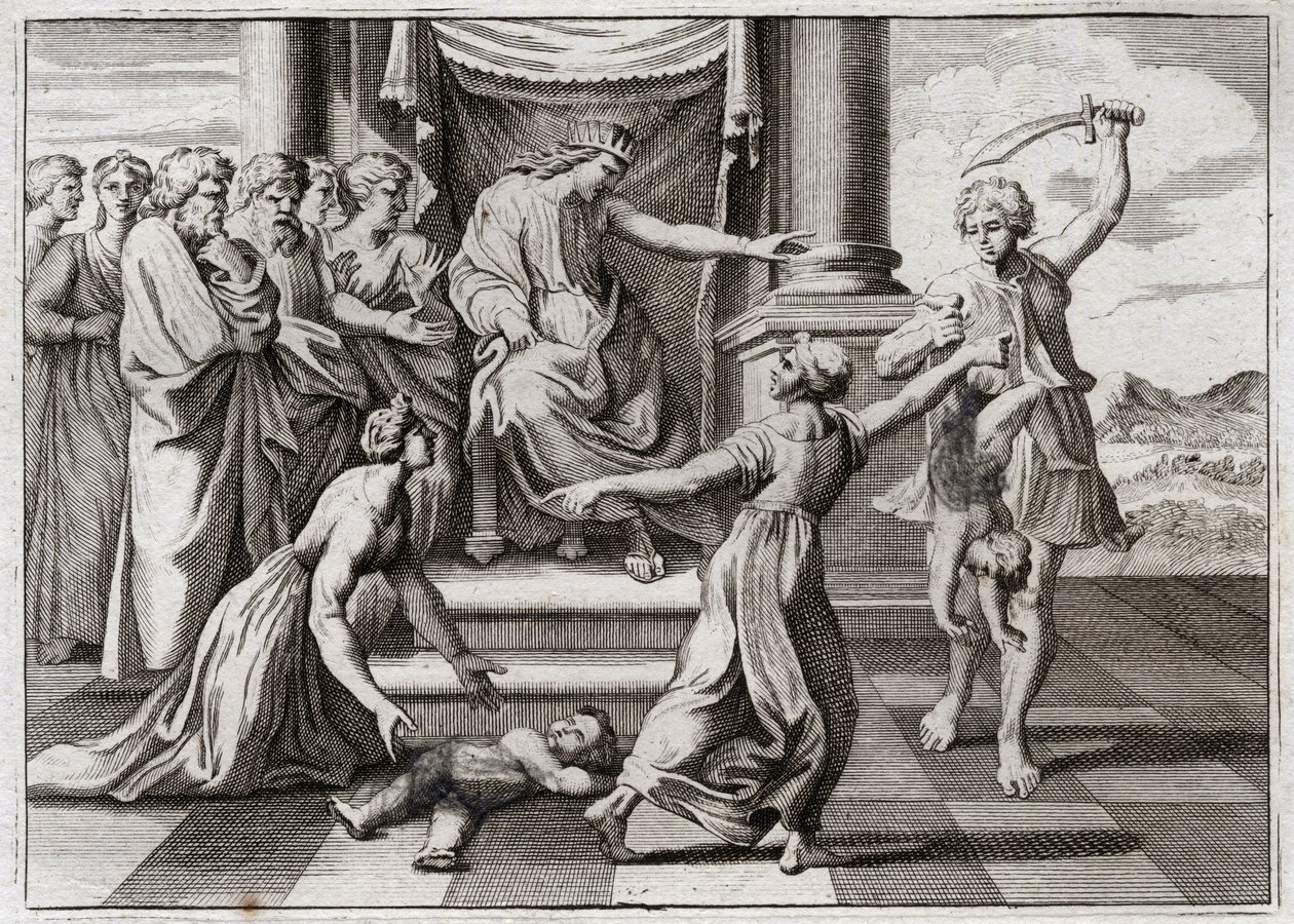 Bibbia di Royaumont, Antico Testamento: Giudizio di Salomone. Il famoso giudizio di Salomone tra due donne, per riconoscere quale delle due fosse la madre di un bambino, che entrambe affermavano essere suo. Illustrazione del 1811. da Unknown artist