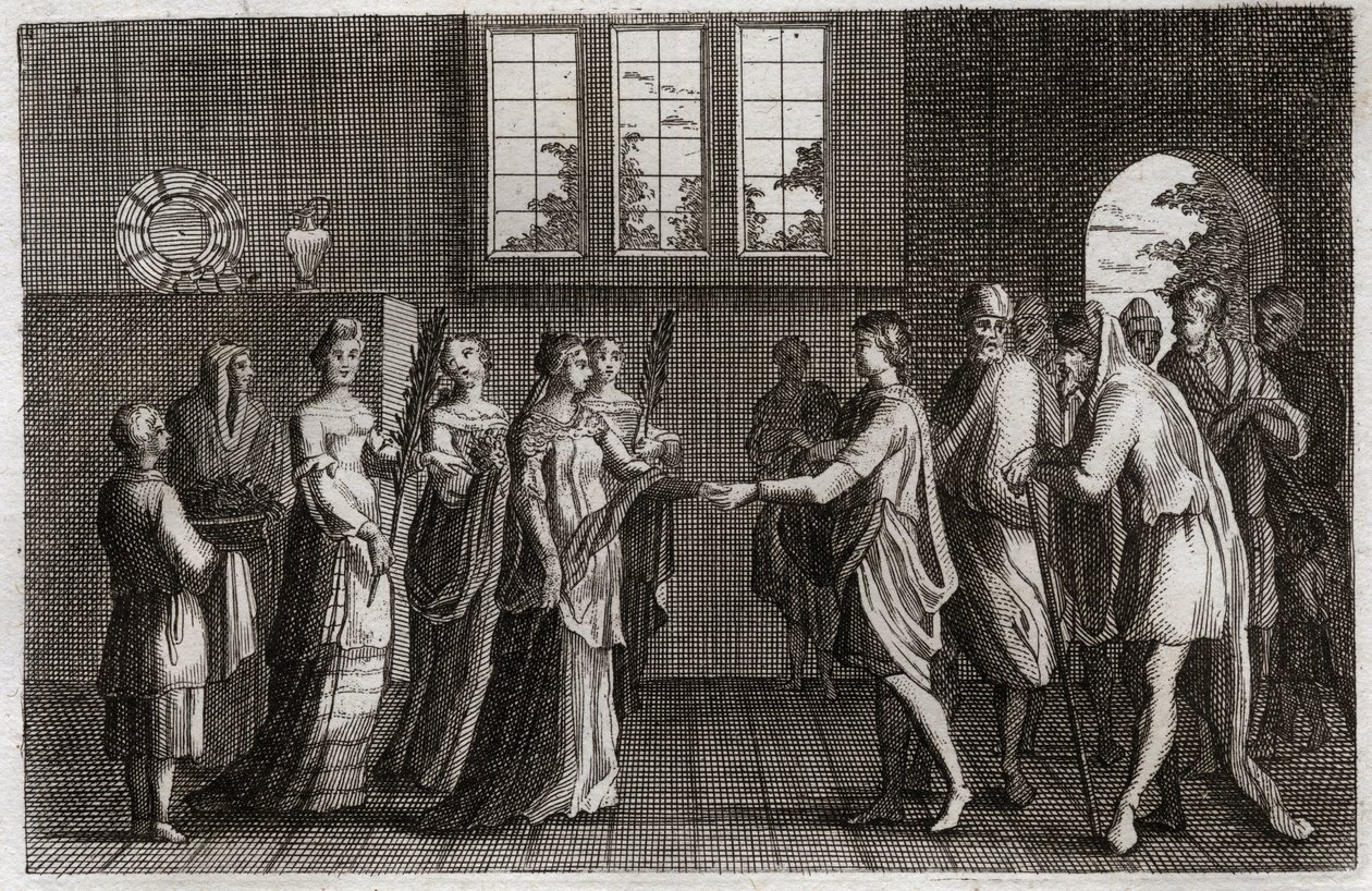 Bibbia di Royaumont, Antico Testamento: Matrimonio di Isacco. Isacco, figlio di Abramo, sposa Rebecca. Illustrazione del 1811 da Unknown artist