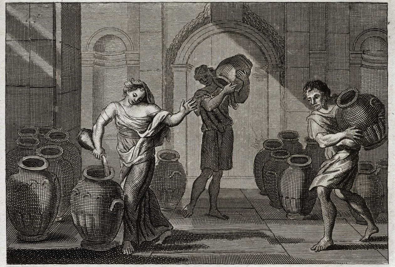 Bibbia di Royaumont, Antico Testamento: Miracolo di Eliseo. Una vedova tormentata dai suoi creditori, usando la carità di Eliseo, questo Profeta le comandò di prendere in prestito molti vasi dai vicini, che riempì d