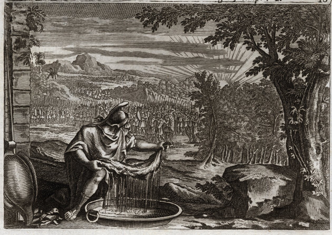 Bibbia di Royaumont, Antico Testamento: Il miracolo del vello. Gedeone ottiene da Dio il miracolo del vello come prova che lo aveva scelto e che lo avrebbe fatto liberatore del suo popolo. Illustrazione del 1811 da Unknown artist