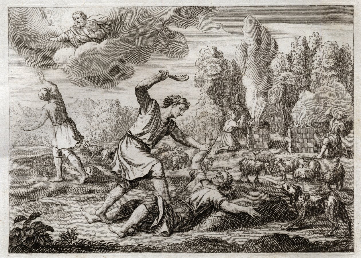 Bibbia di Royaumont, Antico Testamento: Omicidio di Abele. Caino porta suo fratello con invidia contro Abele, portandolo in campagna come per passeggiare, e lo uccide. Illustrazione del 1811 da Unknown artist