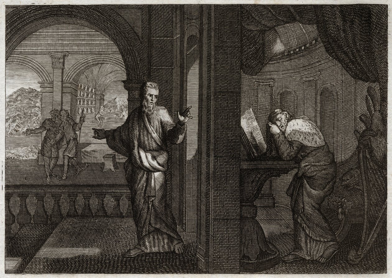 Bibbia di Royaumont, Antico Testamento: La penitenza di Davide. Dio manda il suo profeta Nathan a Davide per rappresentare la sua colpa. Il pentimento di questo santo re lo fa accettare tutti i mali che il profeta gli aveva predetto. Illustrazione del 1811 da Unknown artist