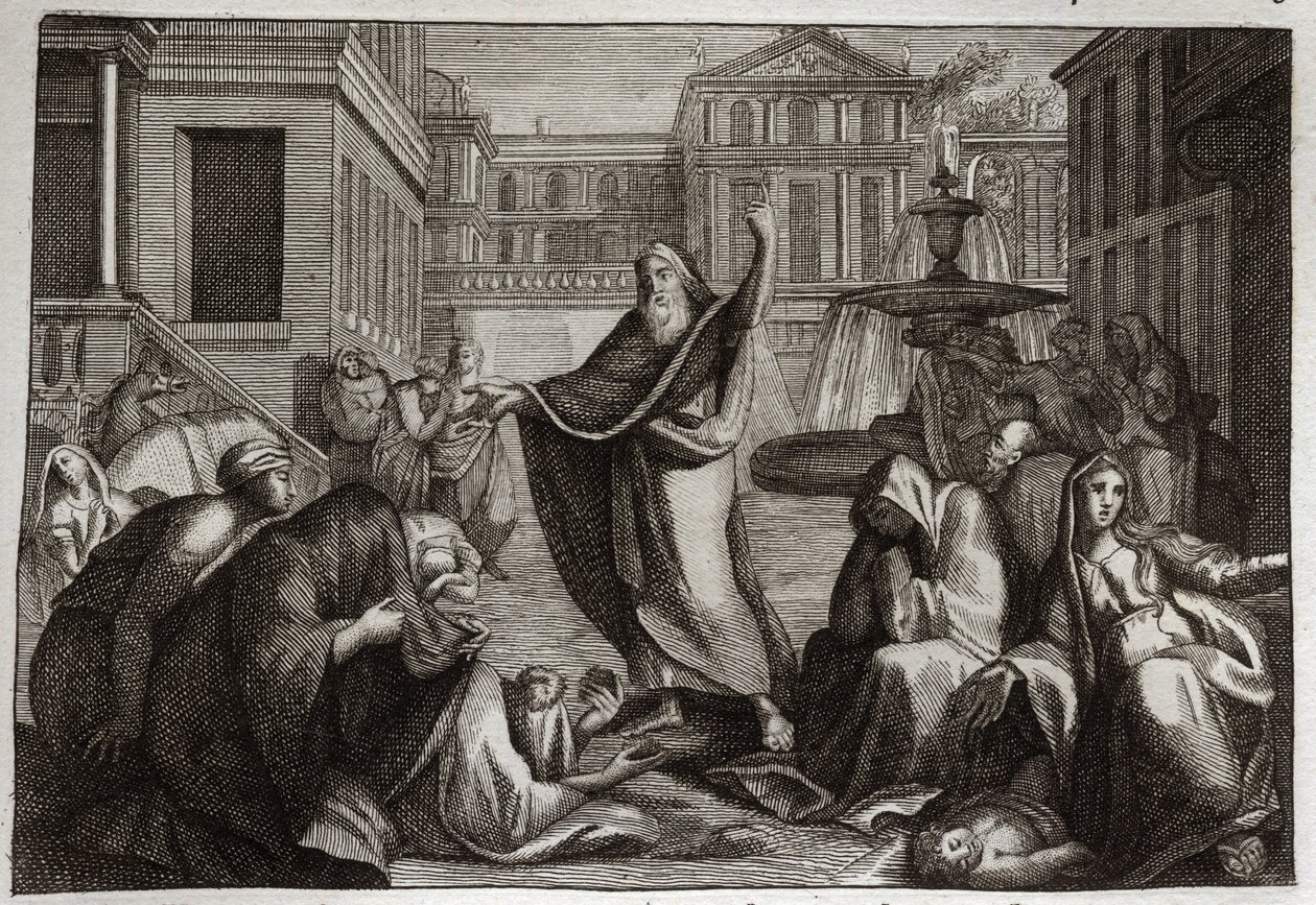 Bibbia di Royaumont, Antico Testamento: Penitenza dei Niniviti. Gli abitanti di Ninive fanno penitenza alla predicazione del profeta Giona. Illustrazione del 1811. da Unknown artist