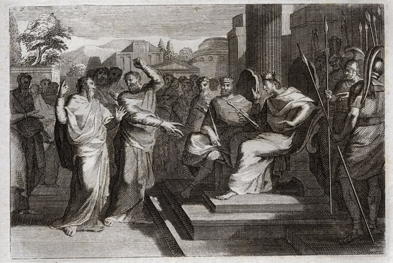 Bibbia di Royaumont, Antico Testamento: Pietà di Giosafat. Giosafat, il più pio re di Giuda, fa tremare tutti i principi che lo circondano, e testimonia in vari modi la sua pietà verso Dio, che lo rende vittorioso sui suoi nemici. Illustrazione del 1811 da Unknown artist