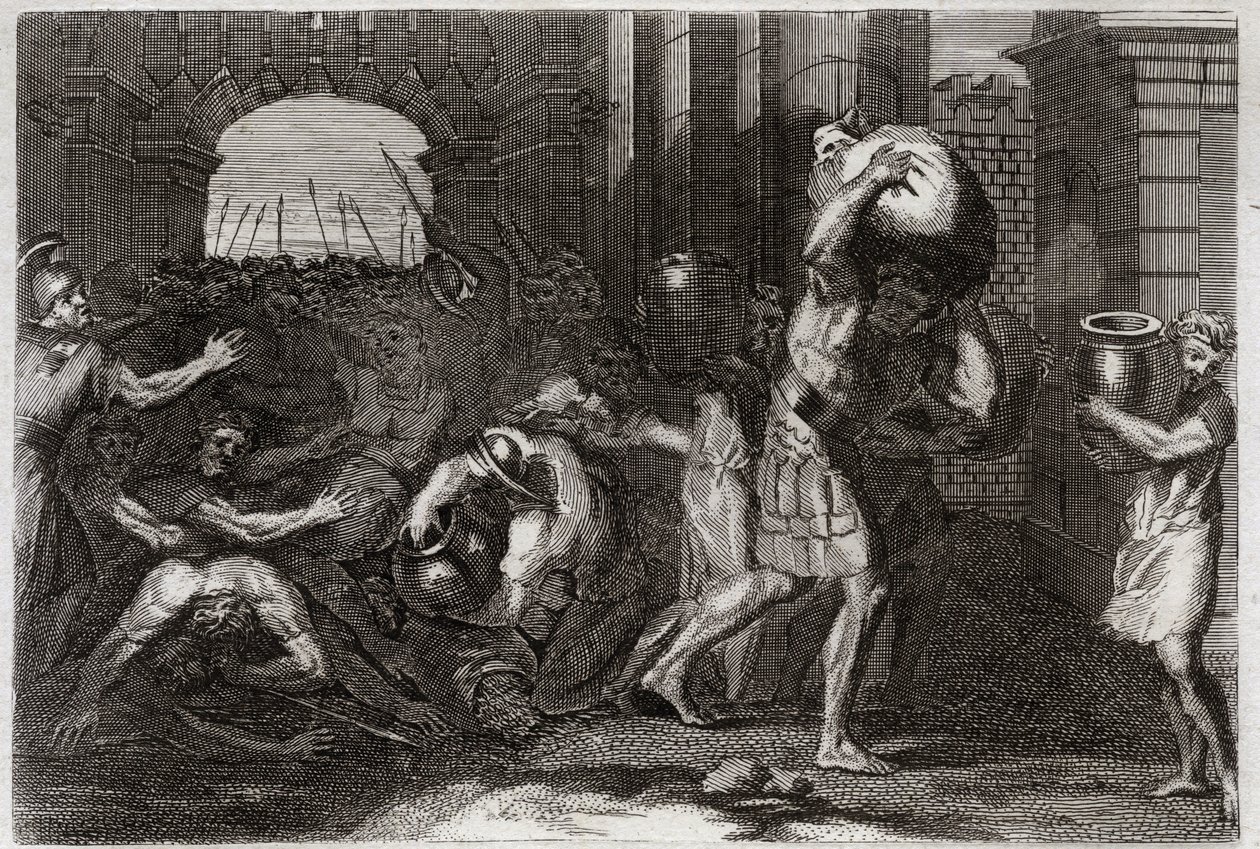 Bibbia di Royaumont, Antico Testamento: Predizione di Eliseo. Un signore di Samaria, avendo frainteso le parole di Eliseo, viene calpestato ai suoi piedi. Illustrazione del 1811. da Unknown artist