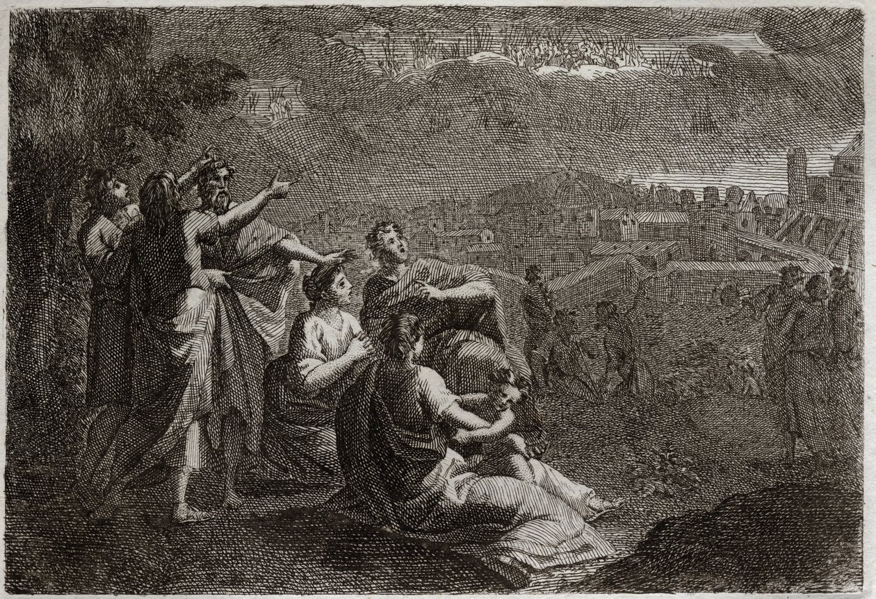 Bibbia di Royaumont, Antico Testamento: Predizioni su Gerusalemme. Dio ha sollevato le armi in aria su Gerusalemme, per infliggerle i mali che dovevano abbattersi su di lei. Illustrazione del 1811 da Unknown artist