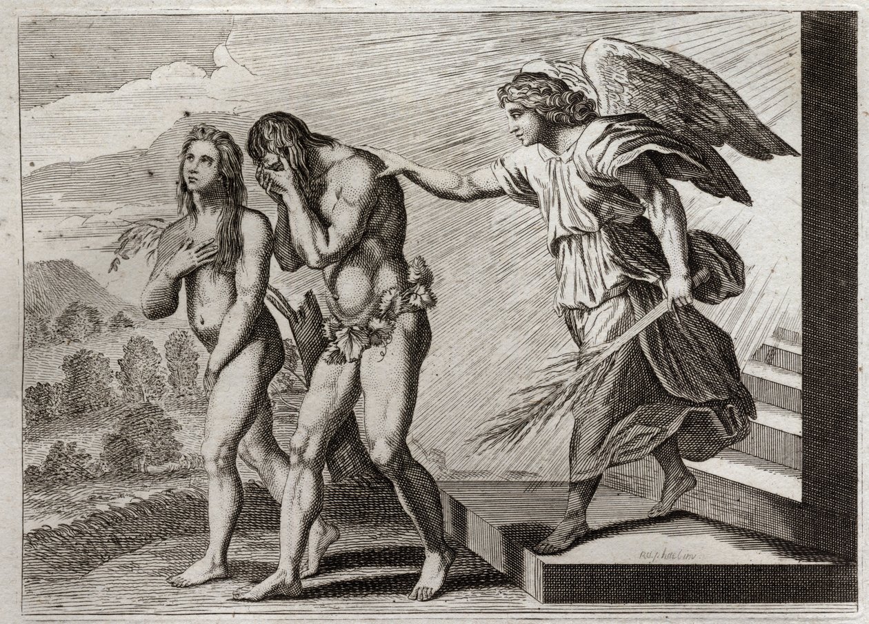 Bibbia di Royaumont, Antico Testamento: Punizione di Adamo. Dio scaccia Adamo ed Eva dal Paradiso dopo la loro caduta, e mette un Cherubino alla porta per difendere l