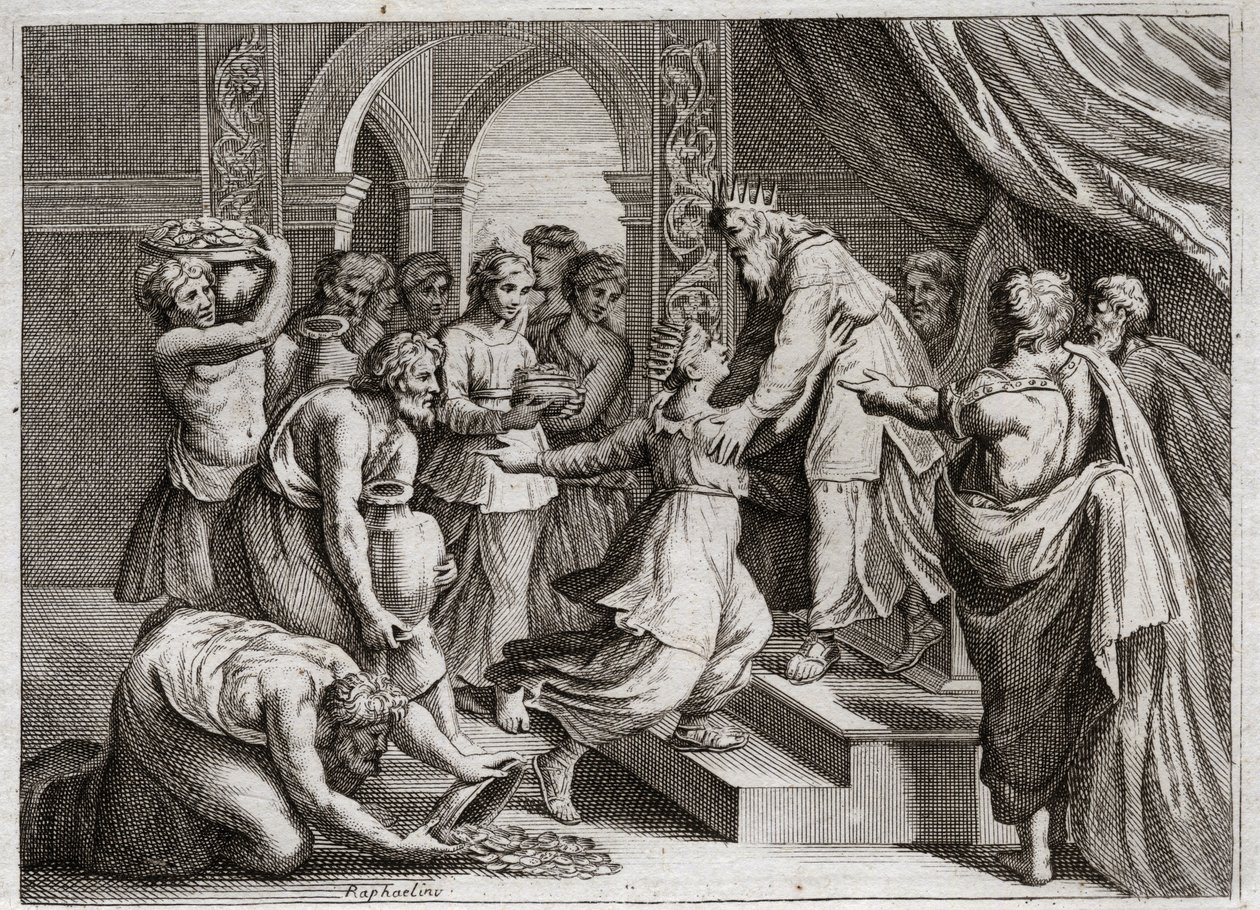 Bibbia di Royaumont, Antico Testamento: Regina di Saba. La Regina di Saba viene da Salomone per ascoltare la sua saggezza e offrirgli doni. Illustrazione del 1811. da Unknown artist