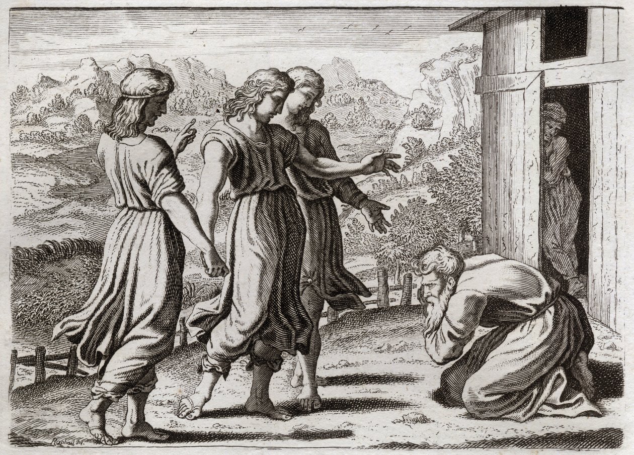 Bibbia di Royaumont, Antico Testamento: Sara concepisce Isacco. Abramo riceve tre angeli che promettono a Sara (Sarah) che avrà un figlio entro un anno. Illustrazione del 1811. da Unknown artist