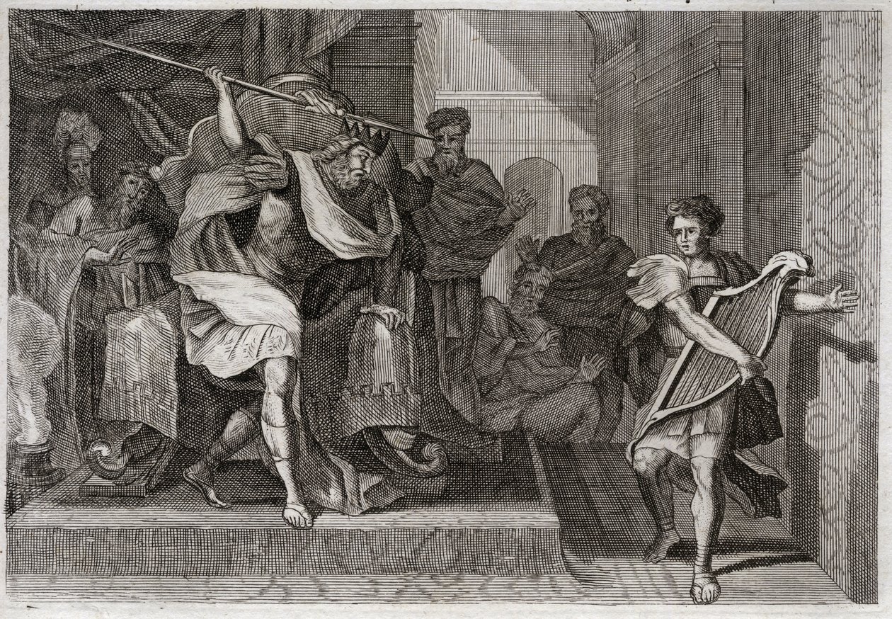 Bibbia di Royaumont, Antico Testamento: Saul vuole uccidere Davide. Saul pieno di rabbia e invidia contro Davide, vuole trafiggerlo con la sua lancia mentre suonava l