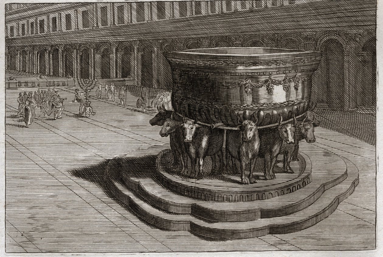 Bibbia di Royaumont, Antico Testamento: Mare di bronzo. Il mare di bronzo era usato per lavare i piedi e le mani dei sacerdoti quando entravano nel tempio. Illustrazione del 1811. da Unknown artist