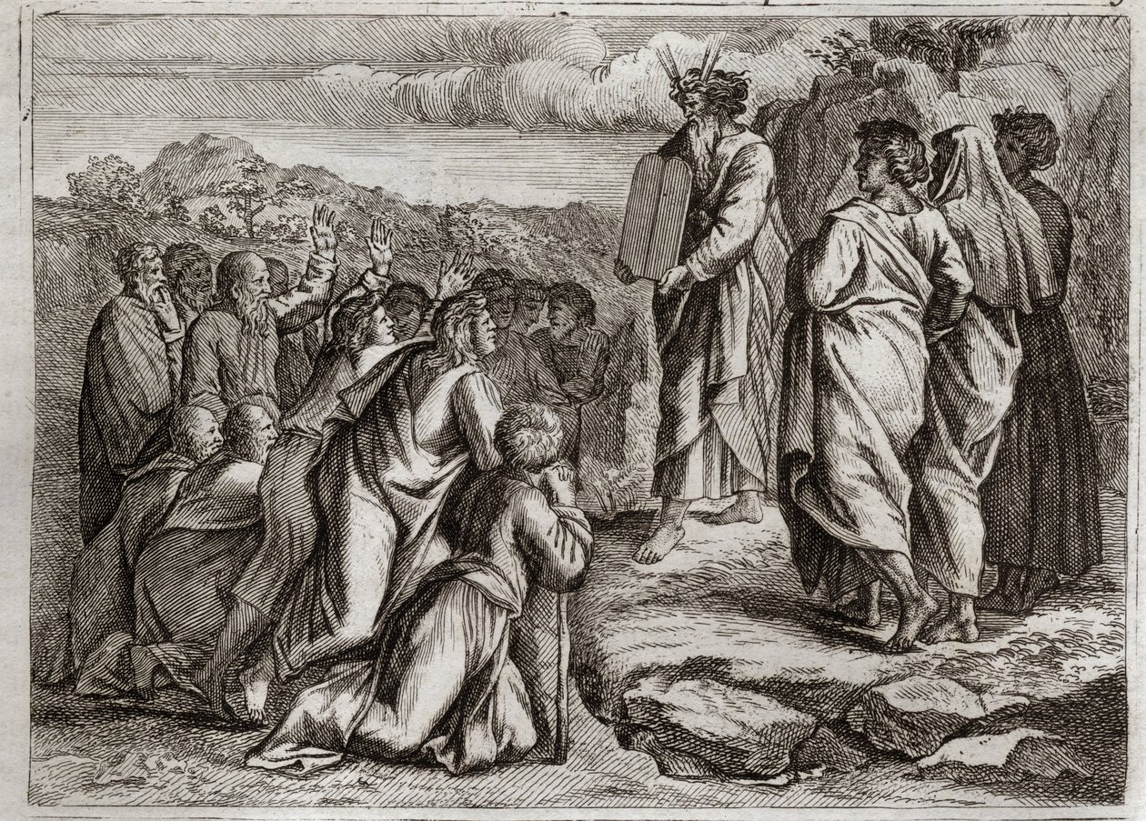 Bibbia di Royaumont, Antico Testamento: Seconda Tavola della Legge. Dio dà a Mosè altre tavole (Dieci Comandamenti), che il popolo riceve con rispetto. Illustrazione del 1811. da Unknown artist