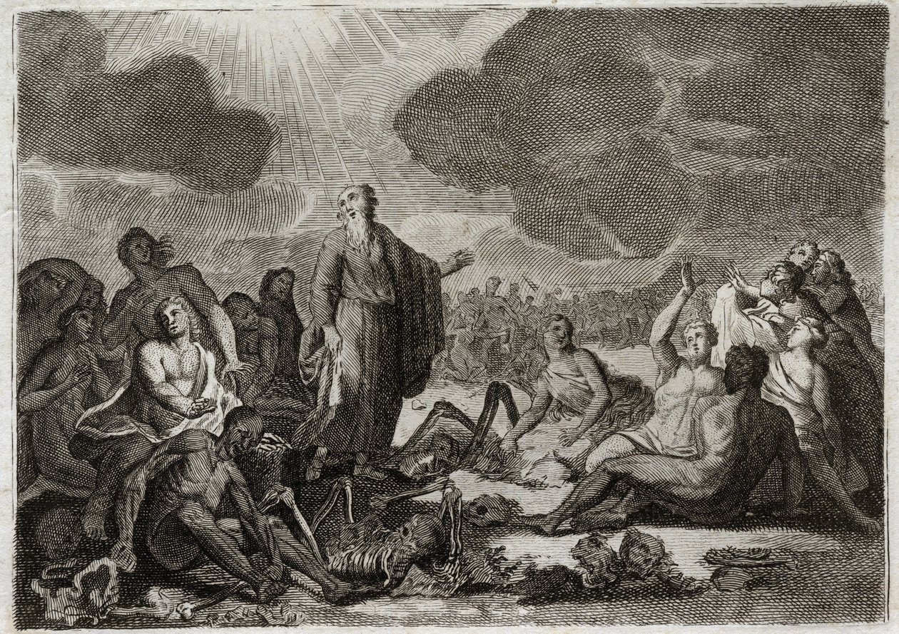 Bibbia di Royaumont, Antico Testamento: Seconda visione di Ezechiele. La visione che il profeta Ezechiele ebbe di diverse ossa tutte secche che presero forma umana. Illustrazione del 1811 da Unknown artist