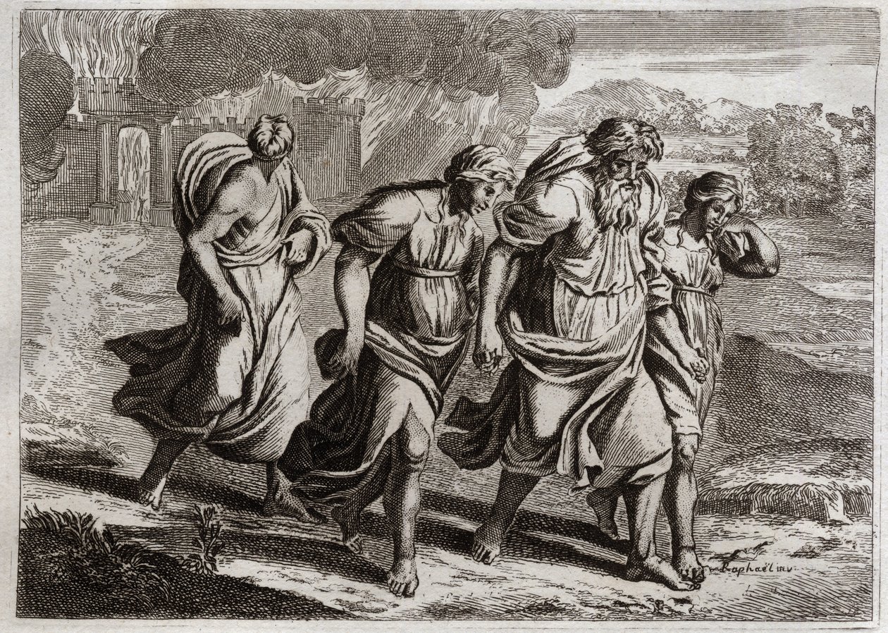 Bibbia di Royaumont, Antico Testamento: Sodoma bruciata. Dio irritato dai crimini abominevoli di Sodoma, la brucia con le altre città vicine, con una pioggia di fuoco e zolfo che brucia dal cielo (Lot, le sue figlie e sua moglie fuggono dalla città). Illus da Unknown artist