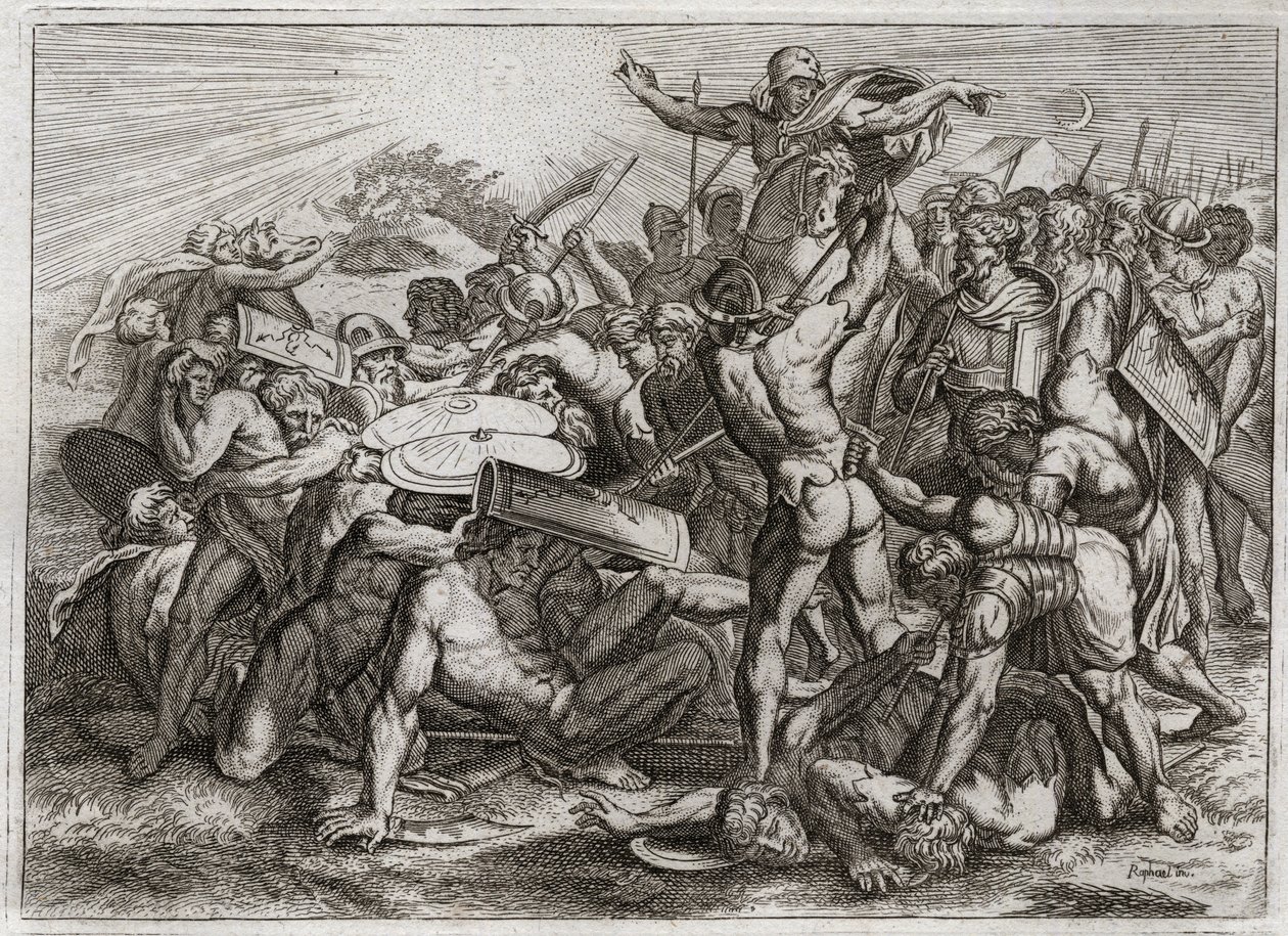Bibbia di Royaumont, Antico Testamento: Sole fermo. Giosuè inseguendo i suoi nemici amorrei (amorriti) fa fermare il Sole, così da avere più tempo per sconfiggerli. Illustrazione del 1811. da Unknown artist