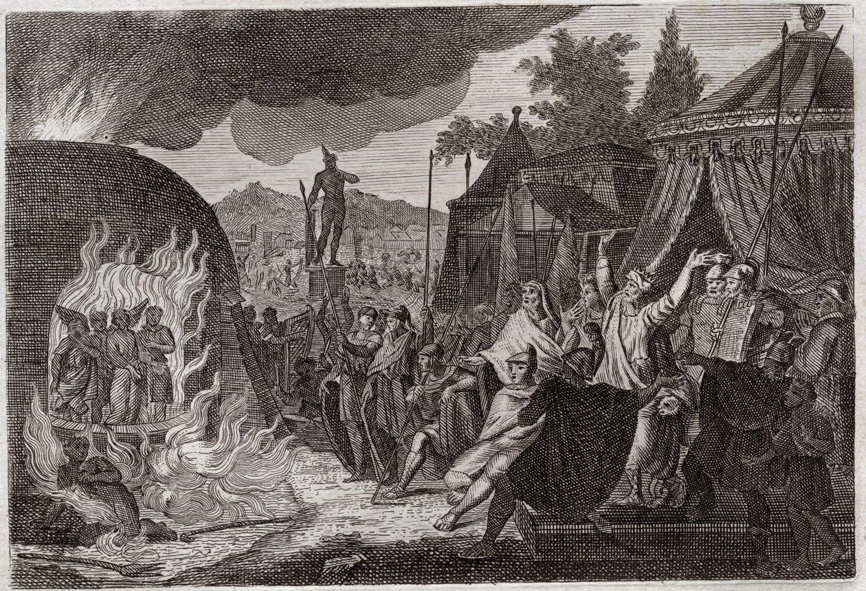 Bibbia di Royaumont, Antico Testamento: I tre giovani nella fornace. Il re Nabucodonosor II getta tre giovani ebrei in una fornace ardente, da cui vengono miracolosamente liberati. Si chiamano Anania, Azaria e Misaele. da Unknown artist