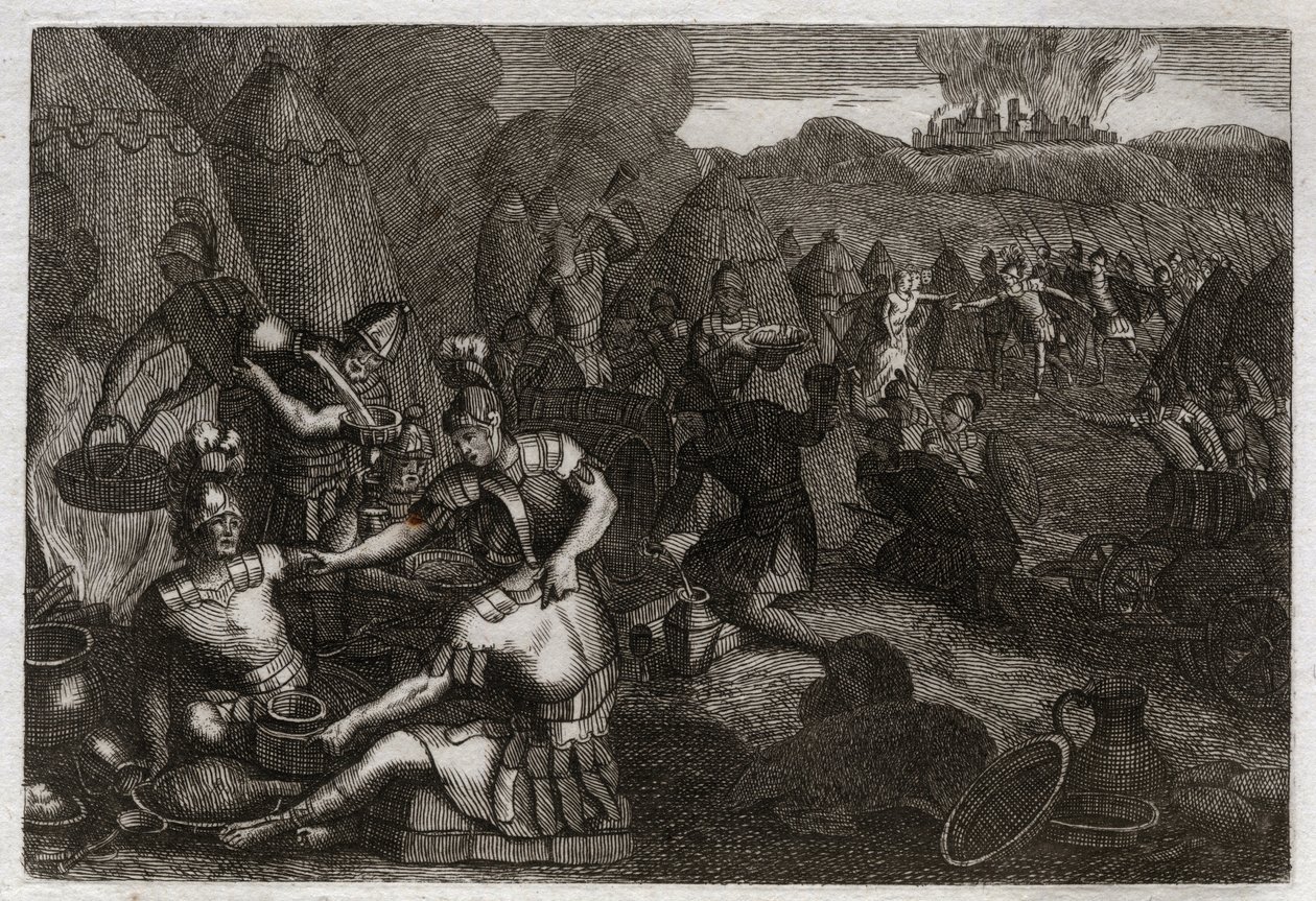 Bibbia di Royaumont, Antico Testamento: Ladri di Siceleg. Alcuni Amaleciti vengono a saccheggiare Siceleg in assenza di Davide. Illustrazione del 1811. da Unknown artist