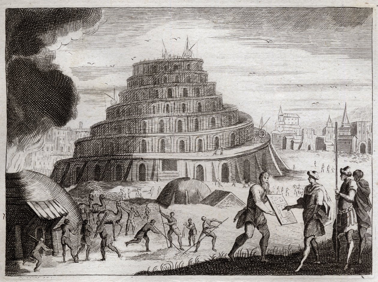 Bibbia di Royaumont, Antico Testamento: Torre di Babele. Gli uomini vogliono per vanità costruire una torre fino al cielo. Dio impedisce questo lavoro confondendo le loro lingue in modo che non possano più capirsi. Illustrazione del 1811. da Unknown artist