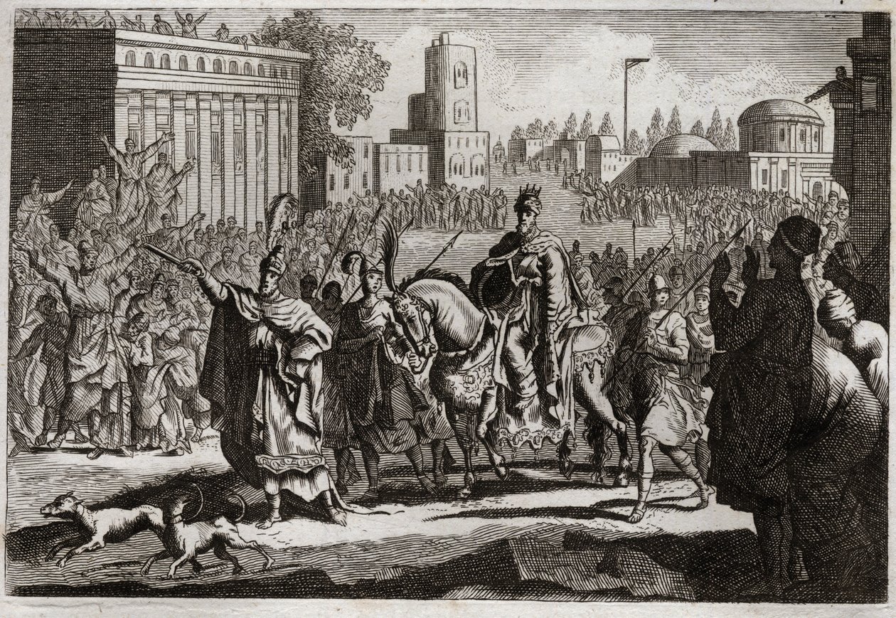 Bibbia di Royaumont, Antico Testamento: Trionfo di Mardocheo. Aman è costretto dal re a proclamare il trionfo di Mardocheo, suo nemico, in tutta la città di Susa. Illustrazione del 1811. da Unknown artist