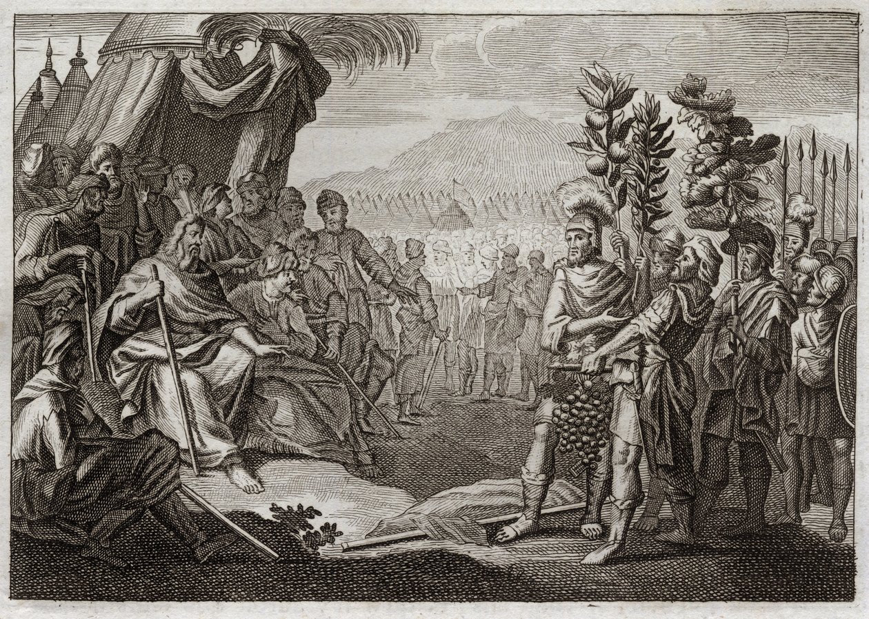 Bibbia di Royaumont, Antico Testamento: I dodici esploratori. Mosè inviò dodici esploratori a riconoscere la terra di Canaan (Terra Promessa). Illustrazione del 1811 da Unknown artist